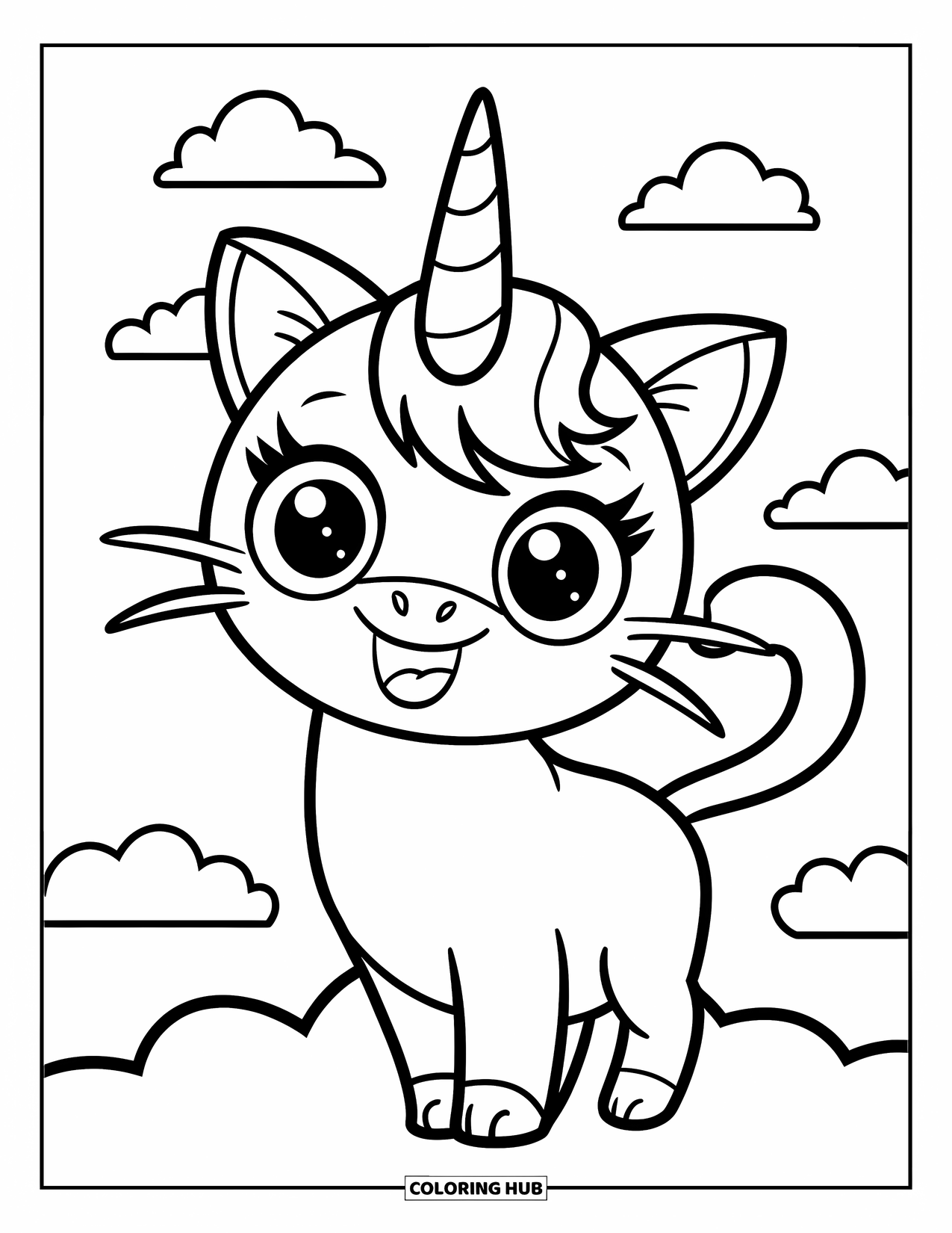 Caticorn Coloring Page for Kids: A playful caticorn stands on a soft cloud with a cheerful and simple design