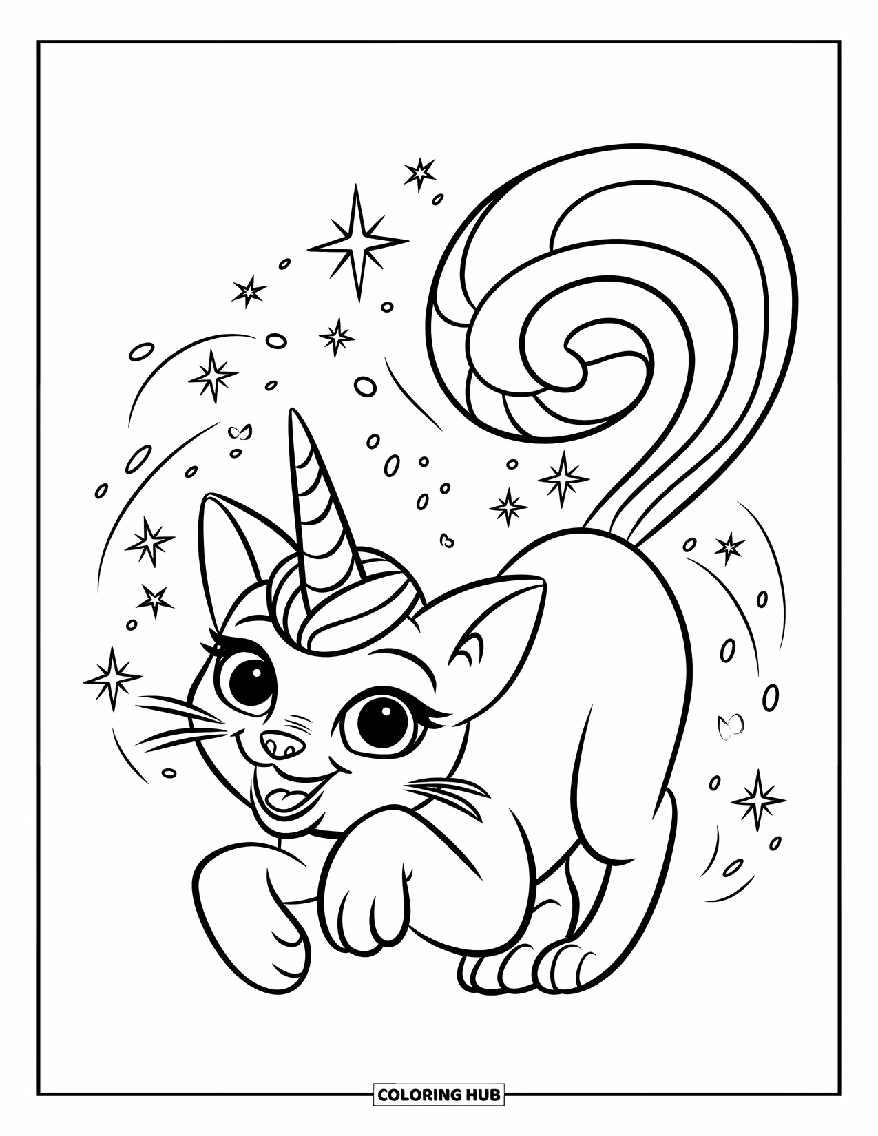 Caticorn Coloring Page for Kids: A playful caticorn with a swirl tail leaps after sparkles