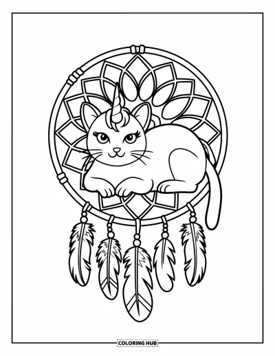 Coloriage de caticorn pour enfants : Un caticorn détendu se repose sur un anneau d'attrape-rêves avec des plumes ondulantes et des perles