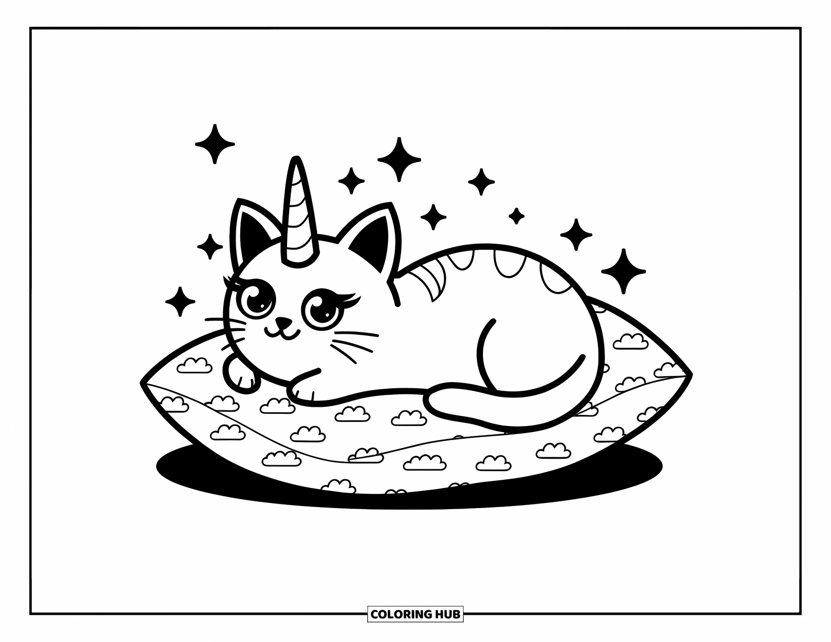 Caticorn Coloring Page for Kids: A relaxed caticorn rests on a soft pillow patterned with clouds and sparkles