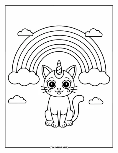 Coloriage de caticorn pour enfants : Un caticorn détendu est assis sous un arc-en-ciel avec des nuages et un ciel lumineux