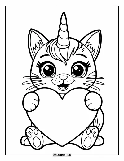 Coloriage de caticorn pour enfants : Un adorable caticorn tient un cœur serré entre ses pattes avant