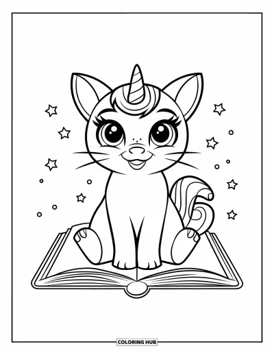 Coloriage de caticorn pour enfants : Un doux caticorn est assis sur un livre magique entouré d'étoiles scintillantes