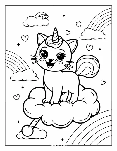 Coloriage de caticorn pour enfants : Un caticorn adorable se tient sur un nuage de barbe à papa avec des arcs-en-ciel et des cœurs dans le ciel