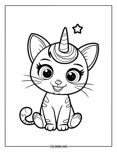 Coloriage de caticorn pour enfants : Une petite étoile scintille au-dessus d'un caticorn assis avec un air malicieux