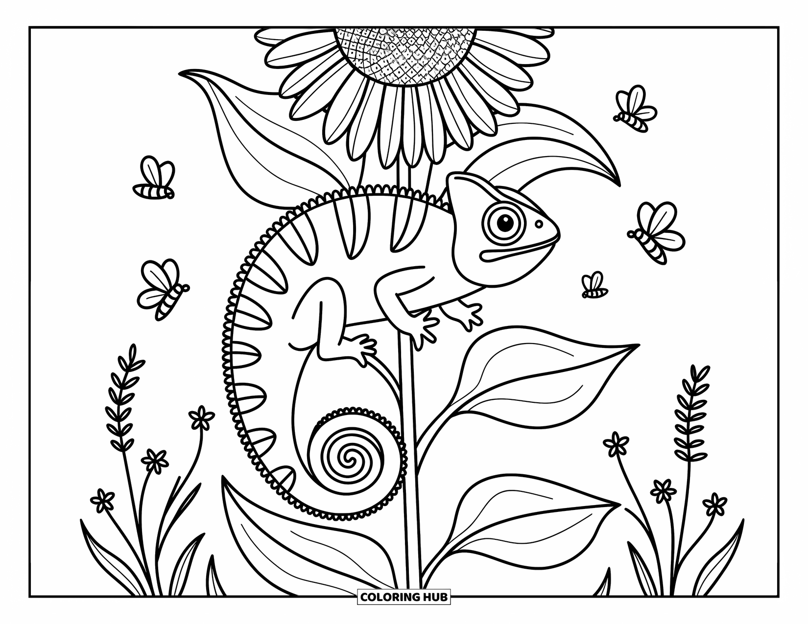 Chameleon Coloring Page for Adults: A camouflaged chameleon hides in a sunflower garden with fluttering bees and butterflies