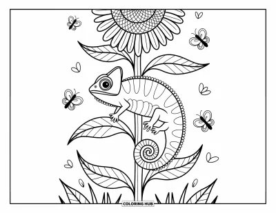 Chamäleon-Ausmalbild für Erwachsene: Ein Chamäleon fügt sich in Sonnenblumenblütenblätter ein, während Bienen und Schmetterlinge umhertanzen
