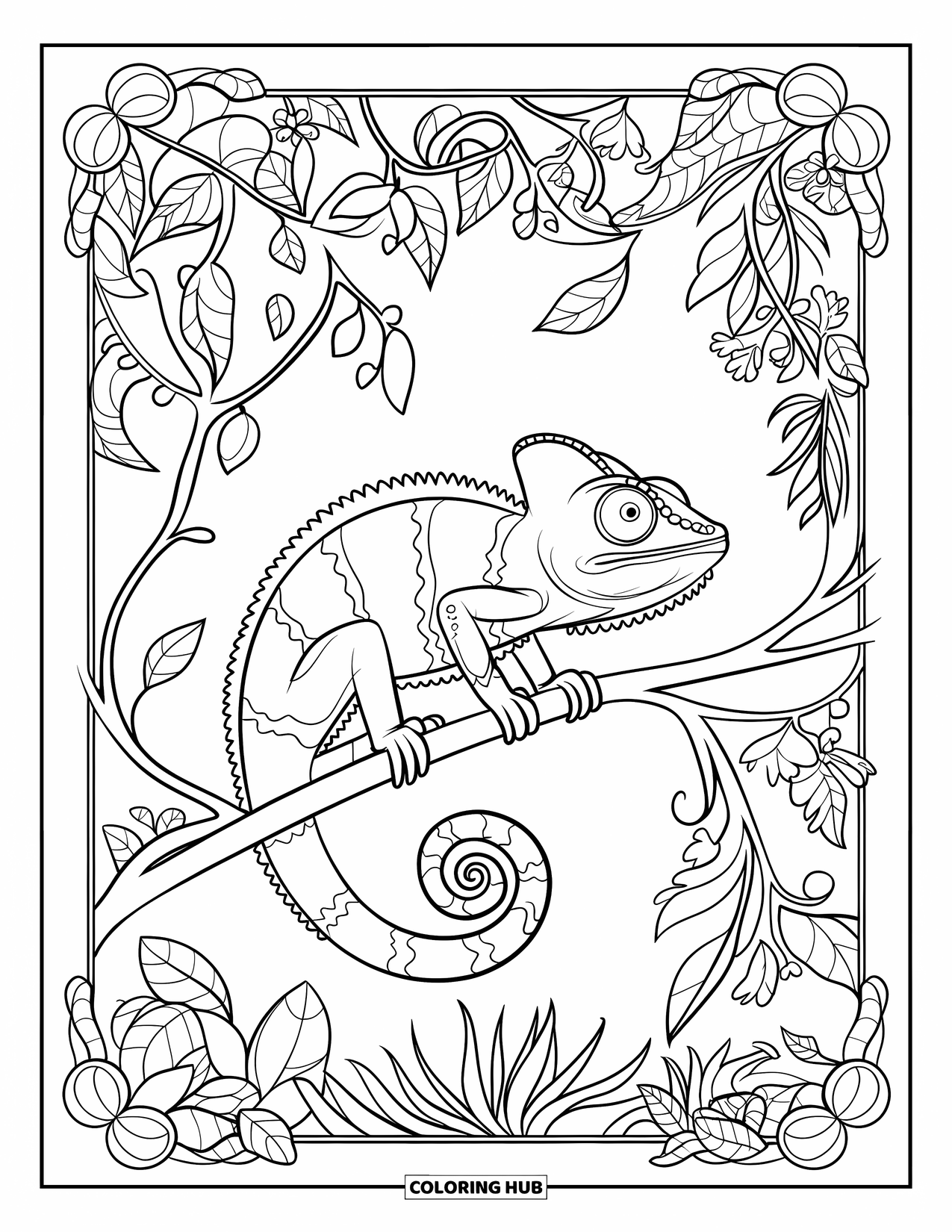Chameleon Coloring Page for Adults: A chameleon climbs a vine framed by branches, leaves, and birds