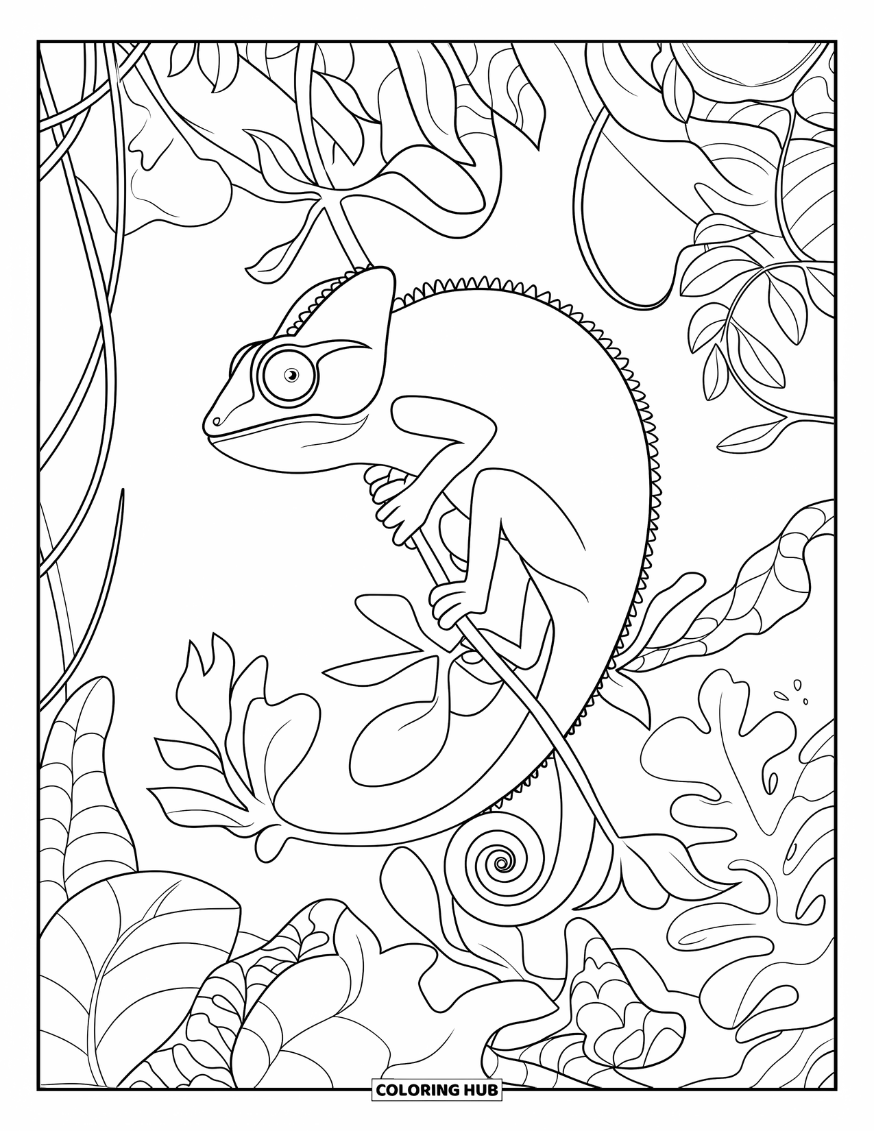 Chameleon Coloring Page for Adults: A chameleon climbs a vine surrounded by detailed jungle foliage