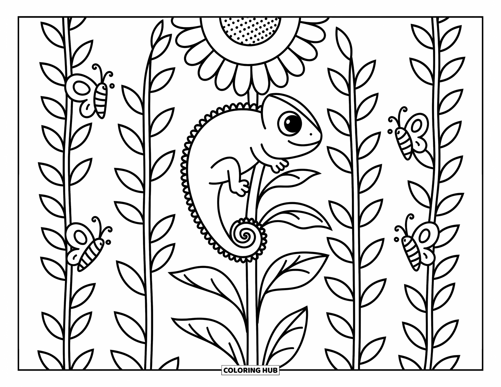 Chameleon Coloring Page for Adults: A chameleon clings to a tall sunflower stem with bees and butterflies nearby