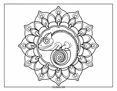 Chamäleon-Ausmalbild für Erwachsene: Ein Chamäleon ringelt sich in der Mitte eines Blumen-Mandalas