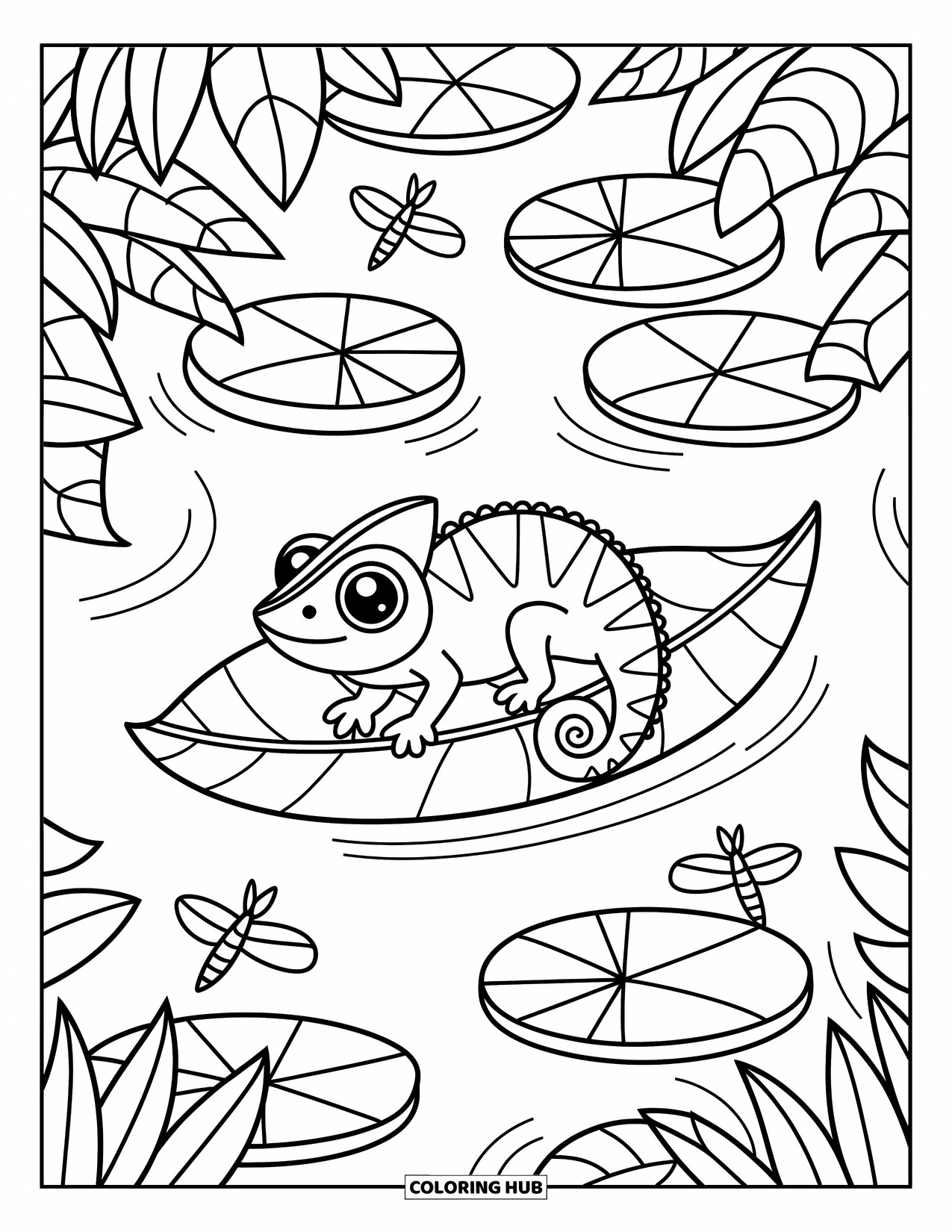 Chameleon Coloring Page for Adults: A chameleon floats on a leaf raft in a jungle stream with dragonflies nearby