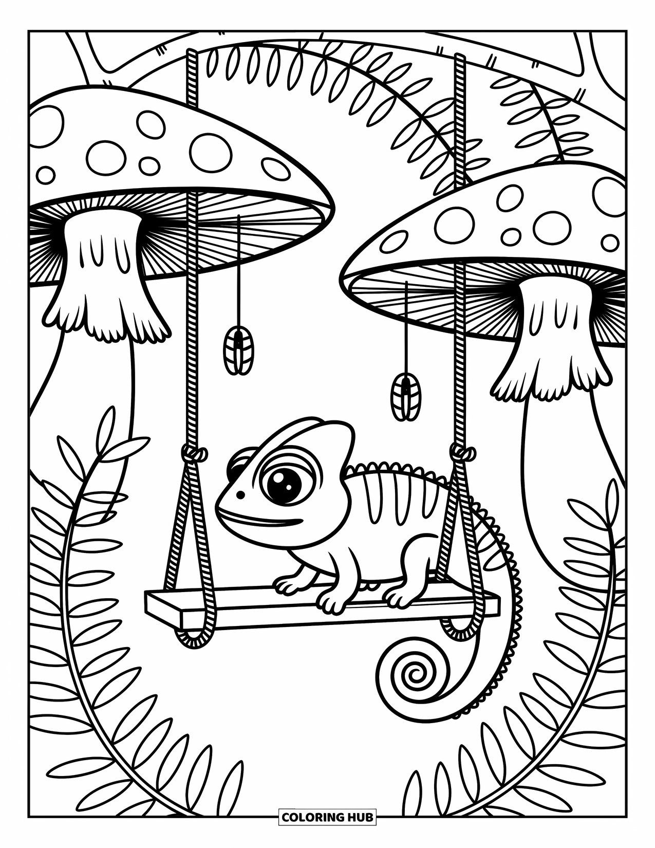 Chameleon Coloring Page for Adults: A chameleon on a vine swing between mushrooms with beetle charms and leafy curls