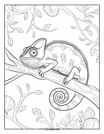 Chamäleon-Ausmalbild für Erwachsene: Ein Chamäleon hockt auf einem Ast inmitten botanischer Mandala-Muster