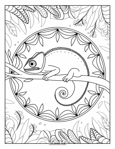 Chamäleon-Ausmalbild für Erwachsene: Ein Chamäleon ruht auf einem Ast, umgeben von Wald und Mandala-Details