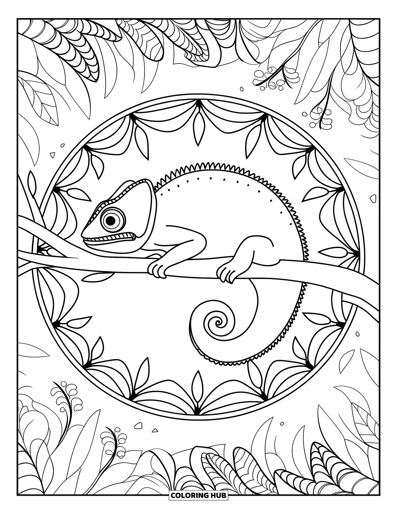 Chameleon Coloring Page for Adults: A chameleon rests on a branch surrounded by forest and mandala details