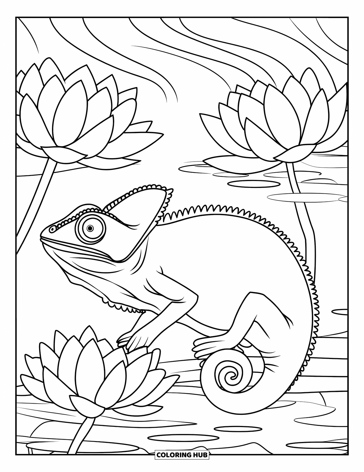 Chameleon Coloring Page for Adults: A chameleon sits among lotus flowers surrounded by calm water