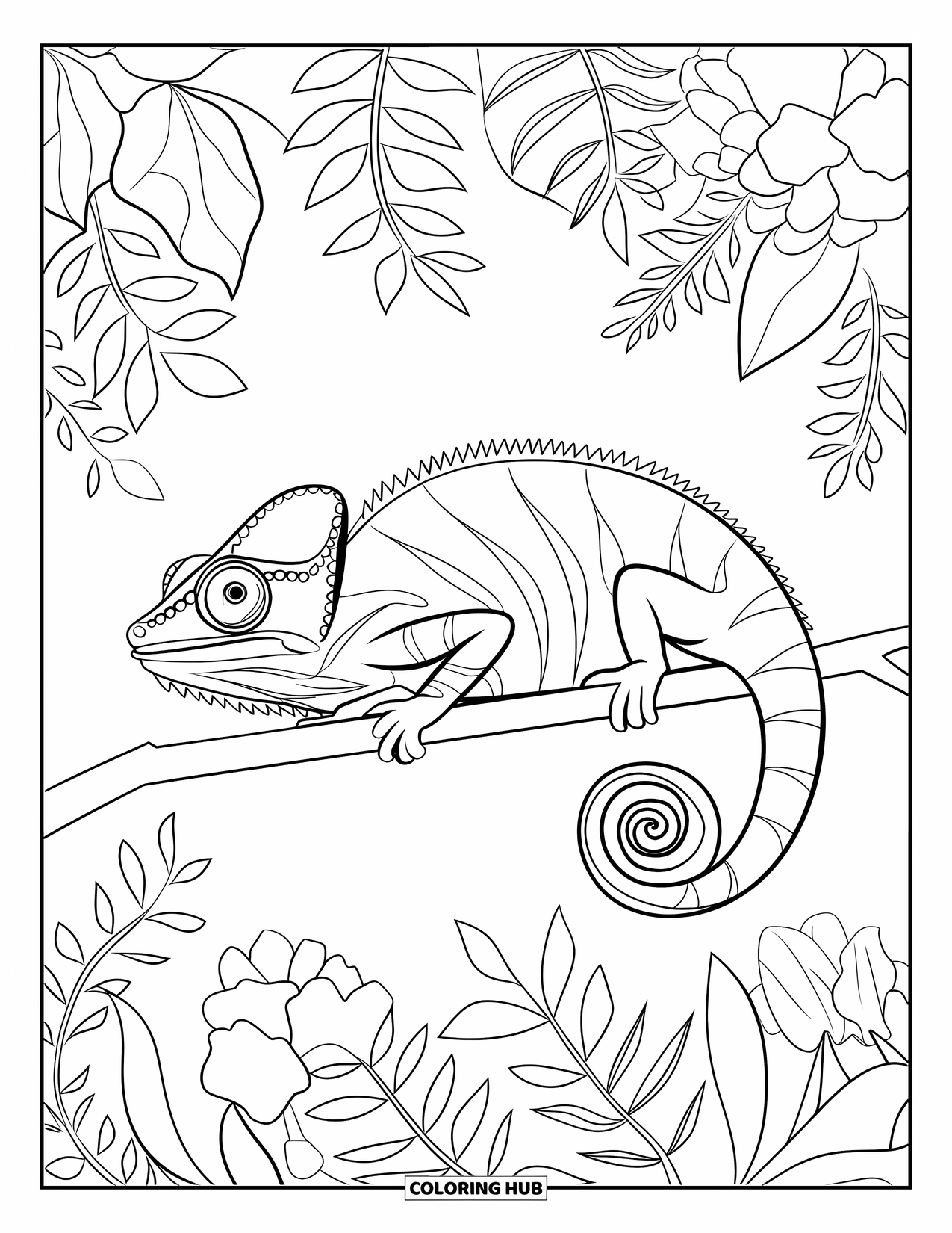 Chameleon Coloring Page for Adults: A chameleon sits on a branch surrounded by lush jungle leaves and vines
