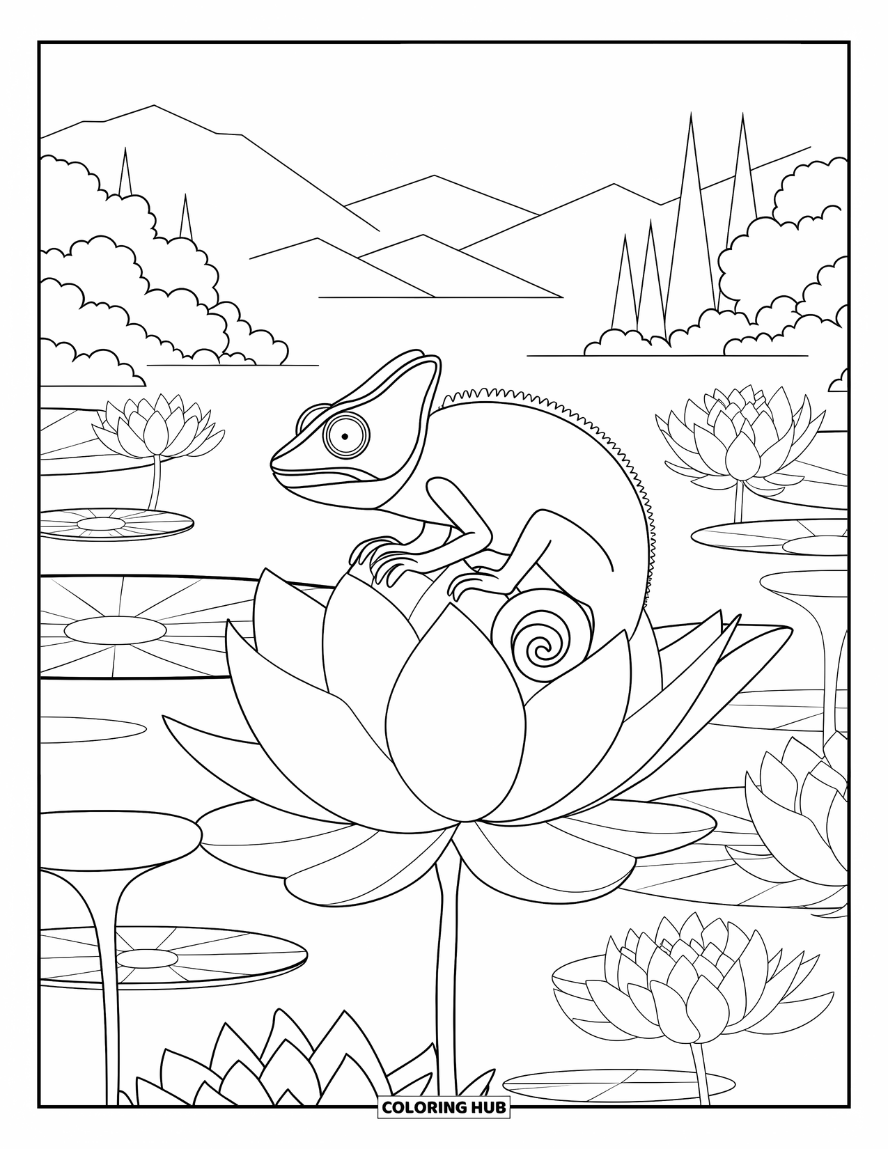 Chameleon Coloring Page for Adults: A chameleon sits on a lotus flower in a serene water landscape