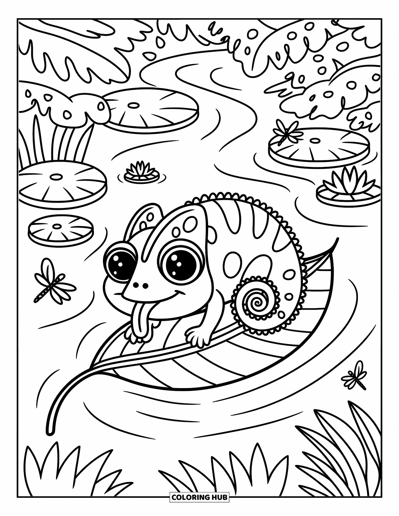 Chameleon Coloring Page for Adults: A chameleon with big eyes rides a leaf raft past lily pads and dragonflies
