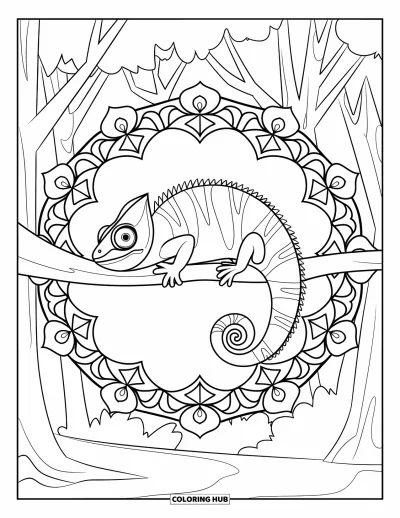 Chamäleon-Ausmalbild für Erwachsene: Ein Chamäleon schlingt sich um einen Ast inmitten eines botanischen Mandala-Musters