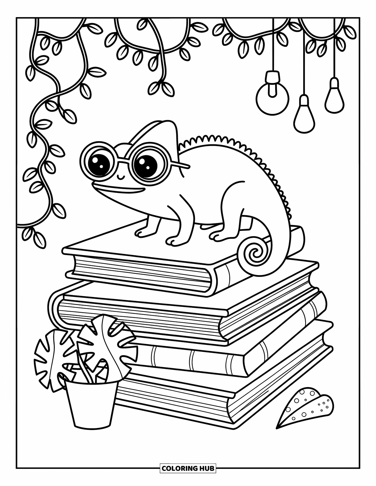 Chameleon Coloring Page for Adults: A cozy chameleon with glasses sits on books wrapped in vines with lights above