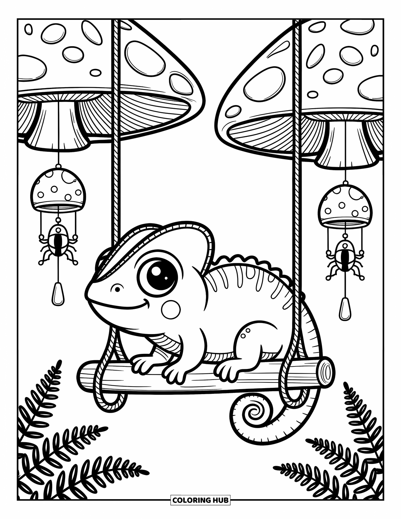 Chameleon Coloring Page for Adults: A cute chameleon clings to a vine swing tied to two giant mushrooms