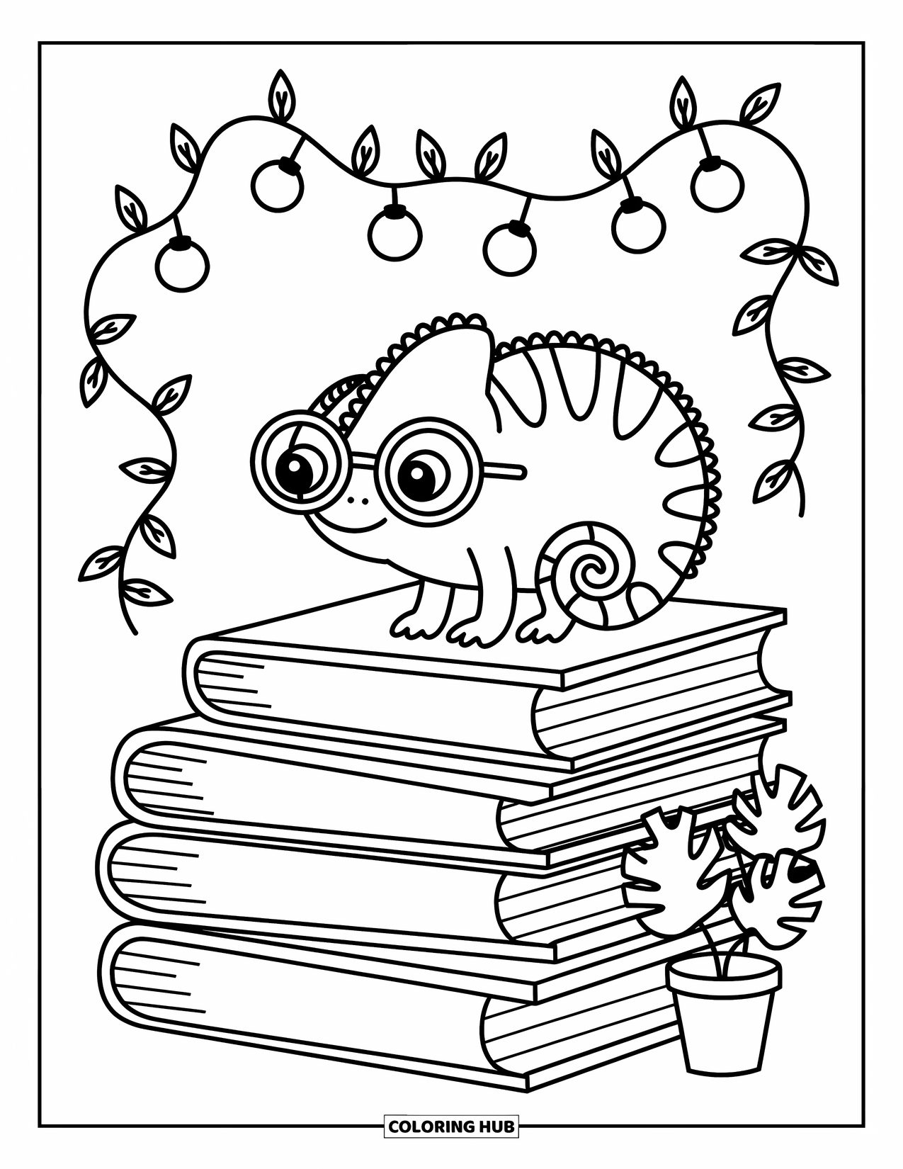 Chameleon Coloring Page for Adults: A cute chameleon with glasses rests on books with jungle vines and a monstera plant