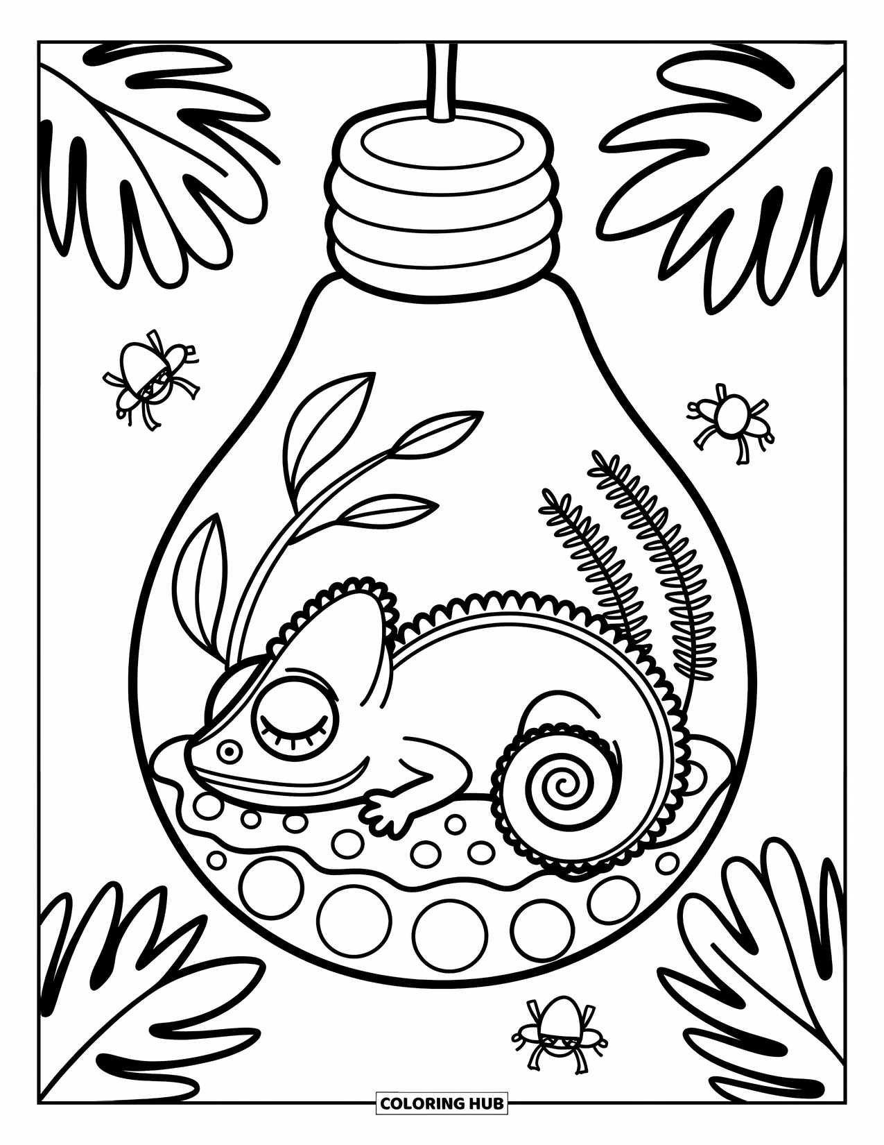 Chameleon Coloring Page for Adults: A sleepy chameleon in a lightbulb terrarium with plants, pebbles, and crawling bugs