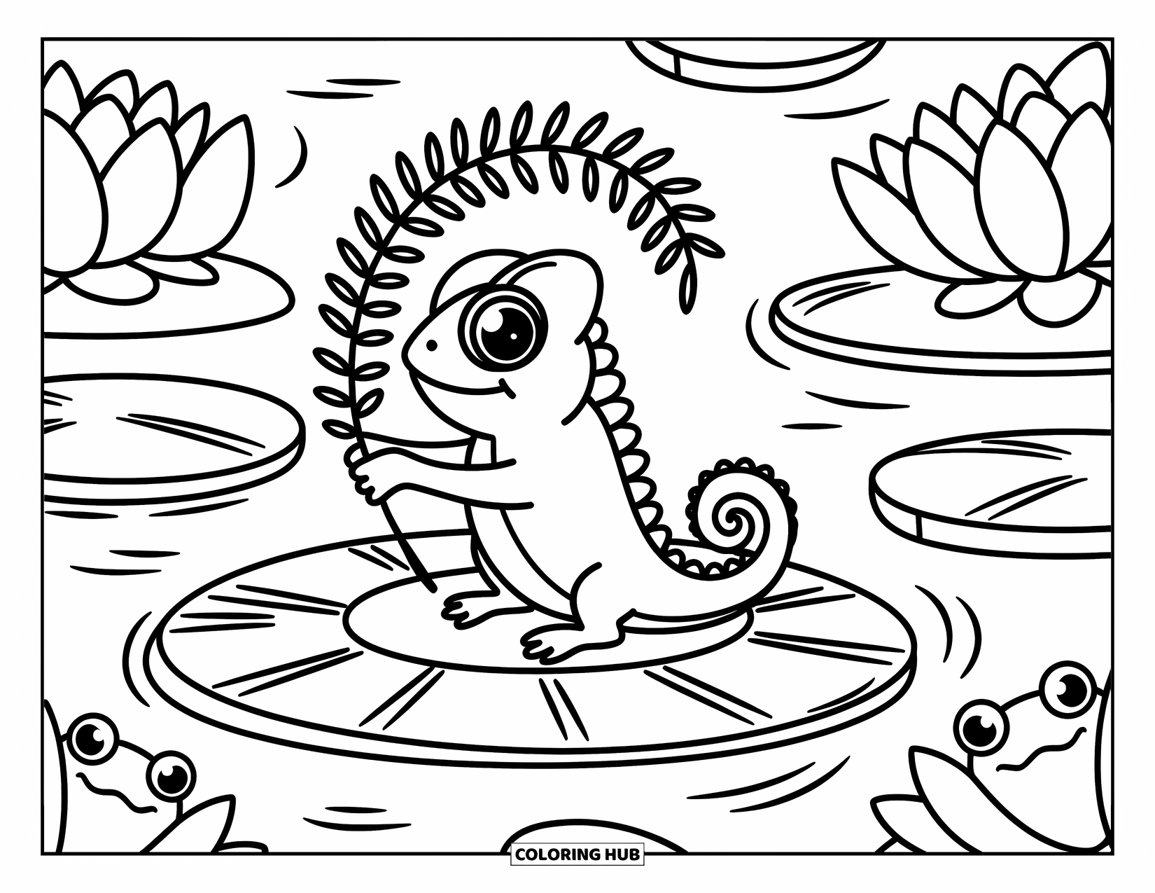Chameleon Coloring Page for Adults: A tiny chameleon rides a lily pad boat with a fern paddle and curious frogs