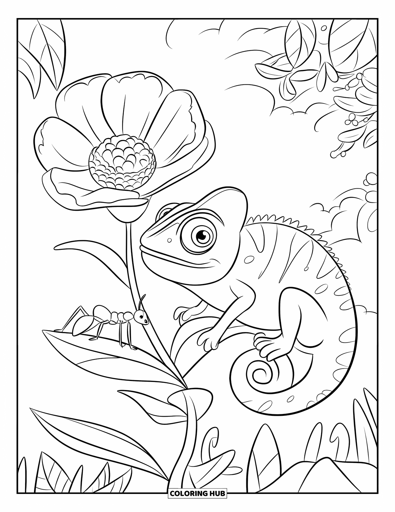Chameleon Coloring Page for Kids: A big-eyed chameleon and a little ant meet beside a flower