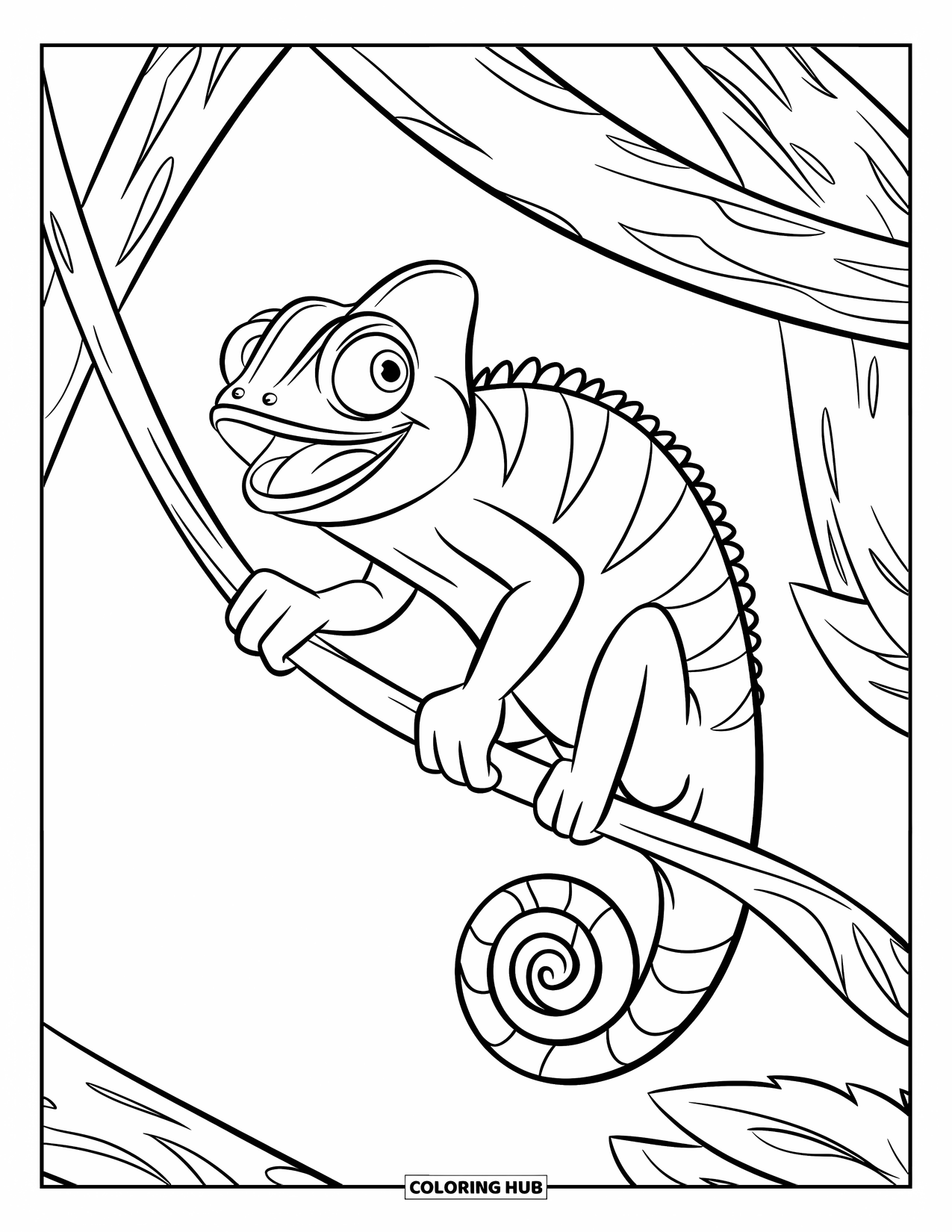 Chameleon Coloring Page for Kids: A big-eyed chameleon holds onto a twisty vine with its mouth open