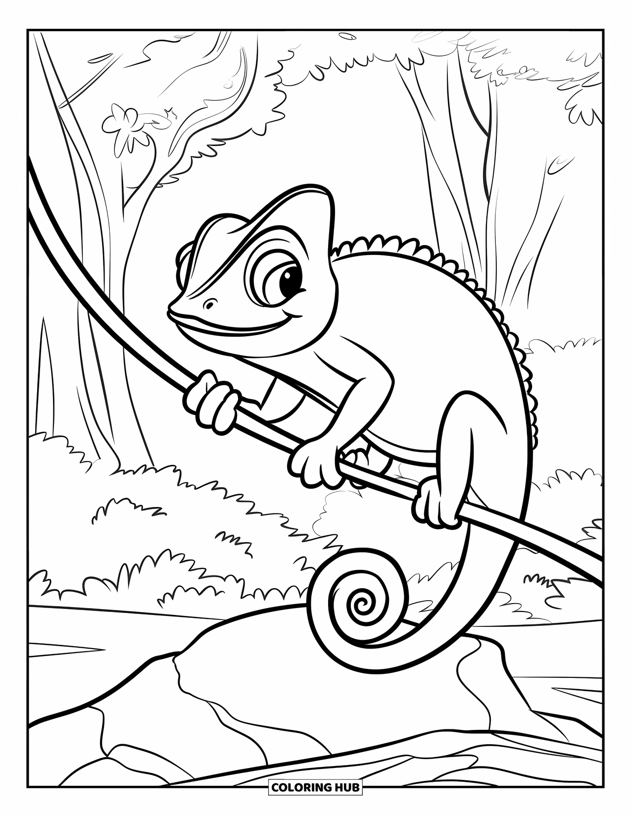 Chameleon Coloring Page for Kids: A calm chameleon clings to a winding vine in a leafy forest