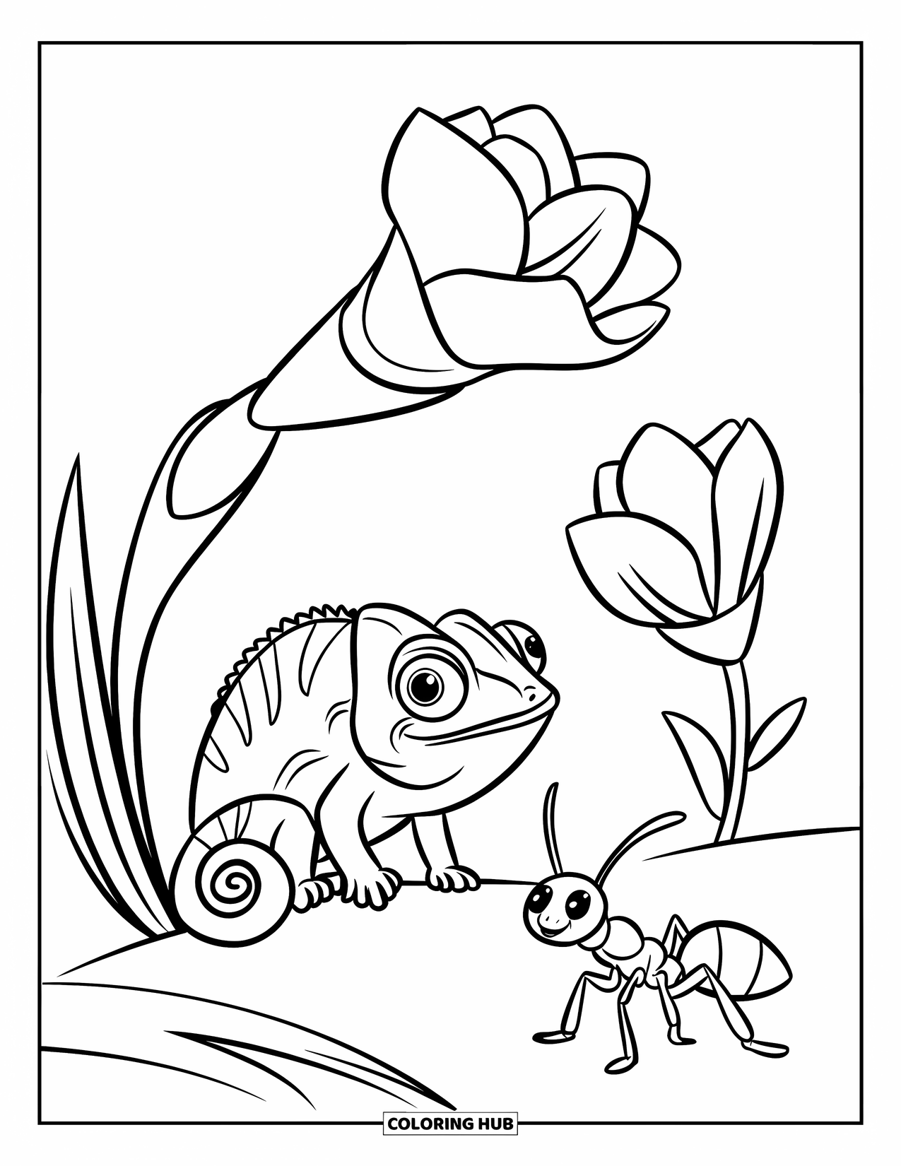 Chameleon Coloring Page for Kids: A chameleon and an ant share space near a fresh flower