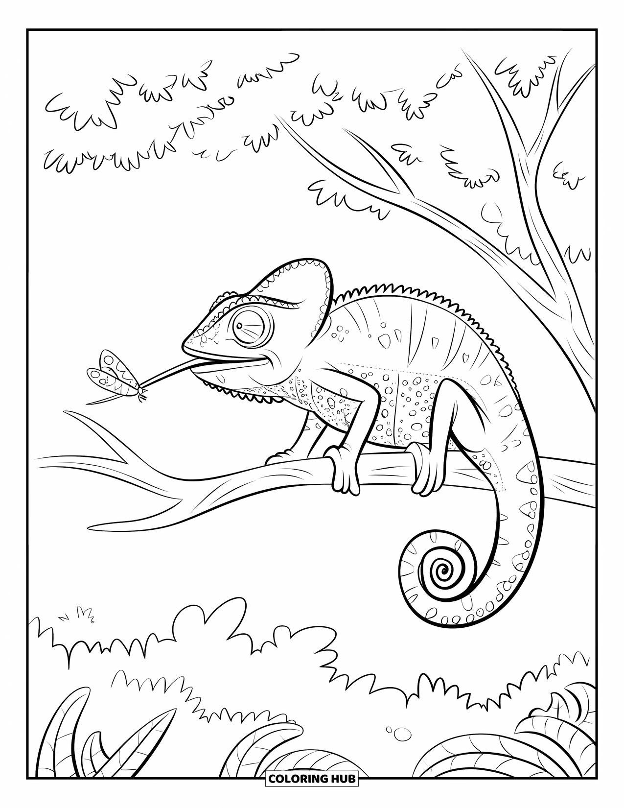 Chameleon Coloring Page for Kids: A chameleon catches a moth mid-air with its long tongue