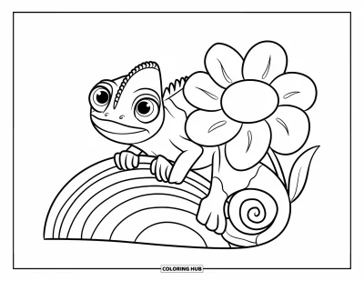 Chamäleon-Ausmalbild für Kinder: Ein Chamäleon klammert sich mit dem Schwanz an eine Blume und schaut großäugig umher