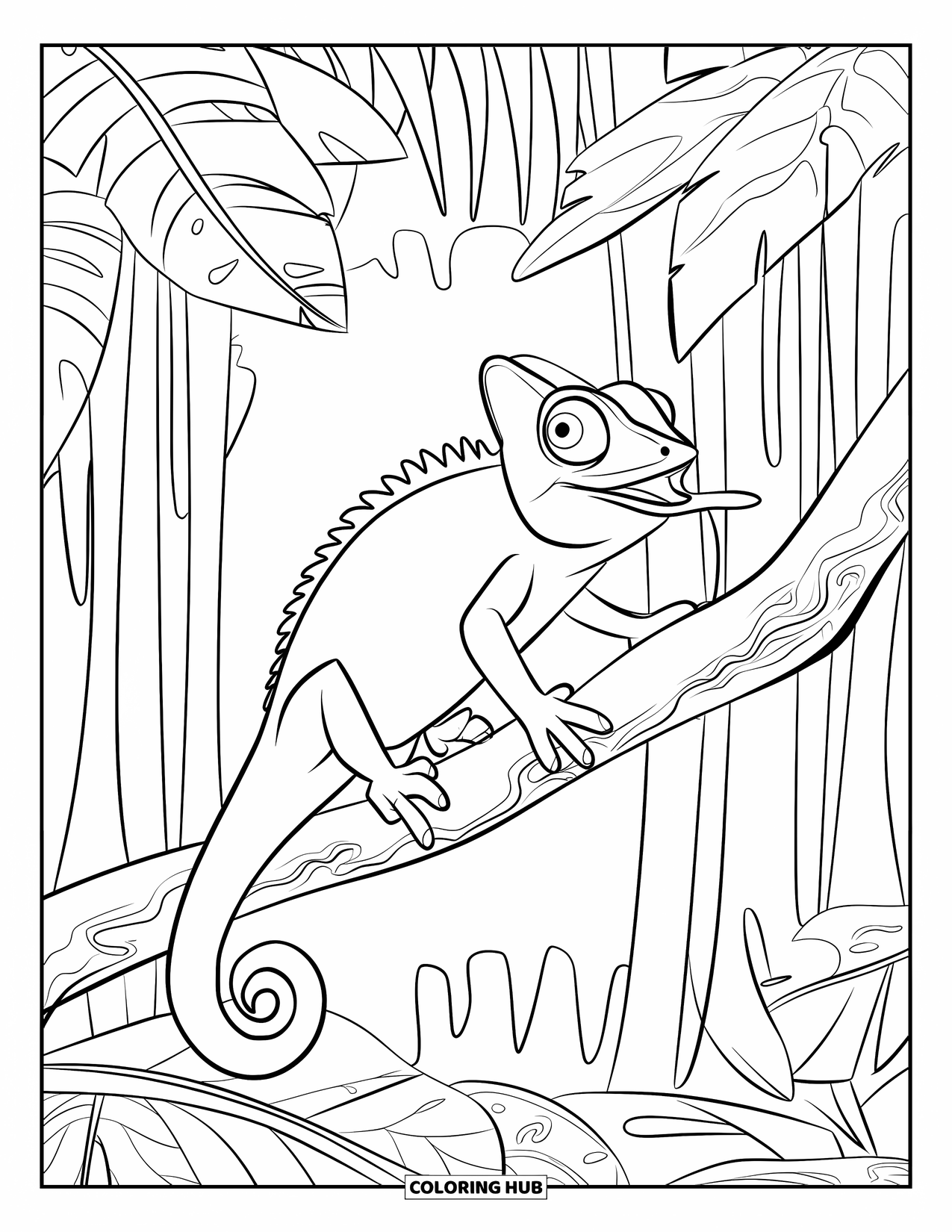 Chameleon Coloring Page for Kids: A chameleon leaps between textured branches in a dense jungle