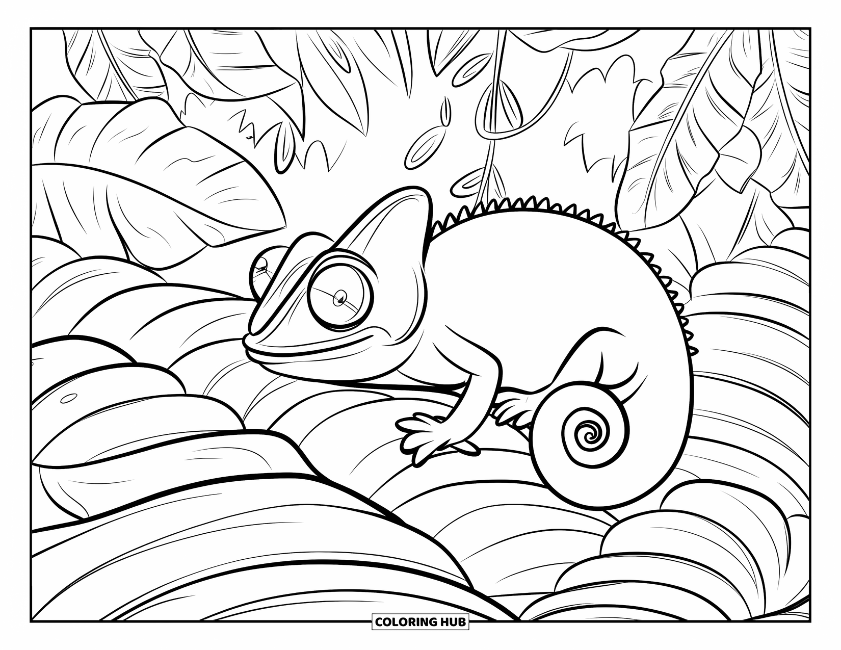 Chameleon Coloring Page for Kids: A chameleon lies among bold, layered leaves in a tropical jungle