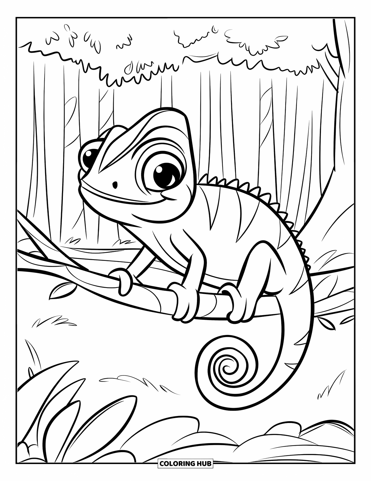 Chameleon Coloring Page for Kids: A chameleon rests on a leafy branch in a peaceful forest