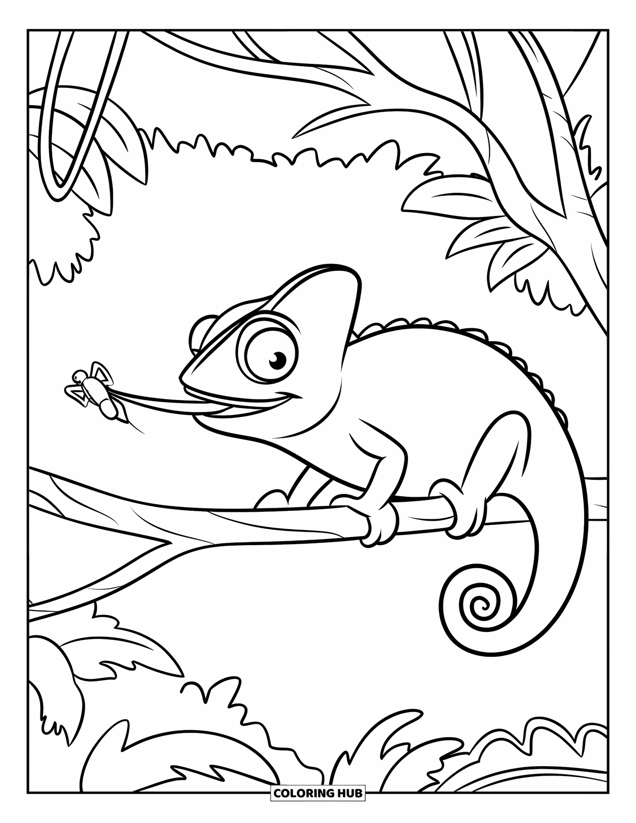 Chameleon Coloring Page for Kids: A chameleon sticks out its tongue to catch a bug from a branch