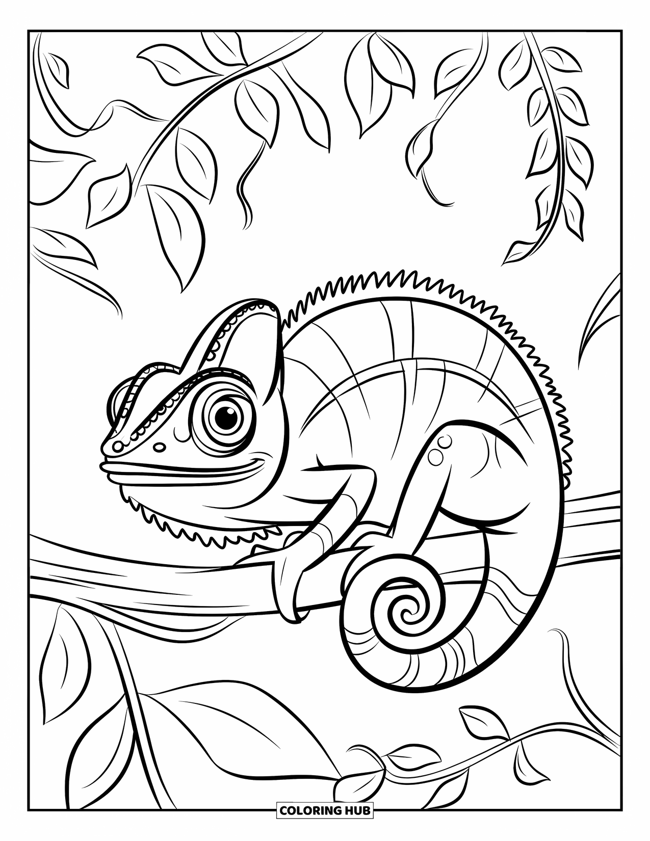 Chameleon Coloring Page for Kids: A chameleon with wide eyes curls up among leaves and vines