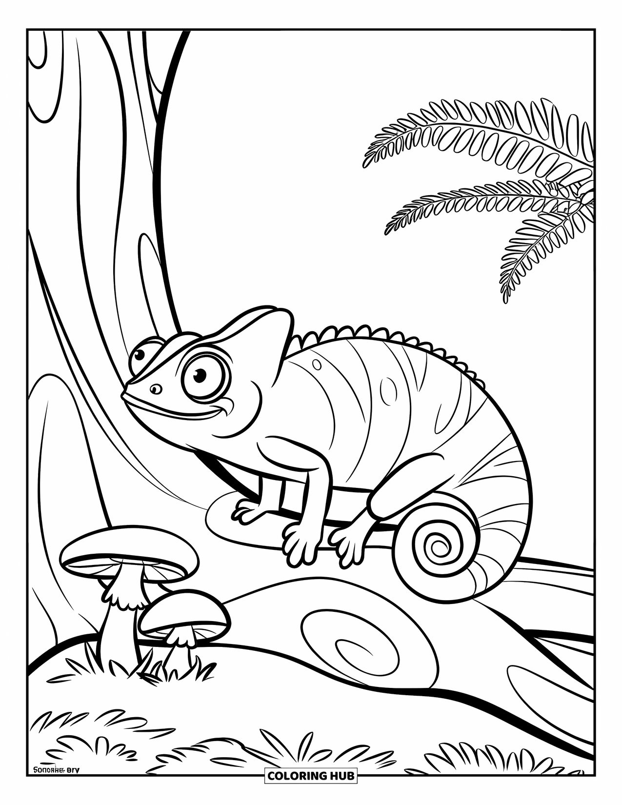 Chameleon Coloring Page for Kids: A curious chameleon stands on a trunk near puff-shaped mushrooms and a fern