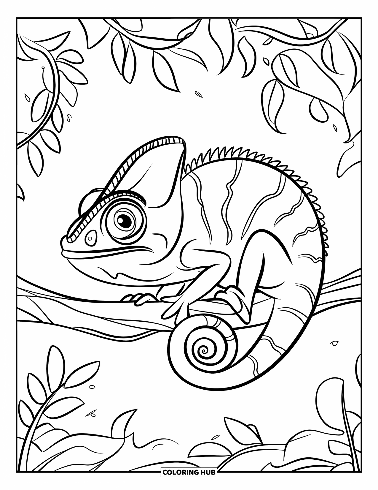 Chameleon Coloring Page for Kids: A curled chameleon stares forward from a branch surrounded by leaves