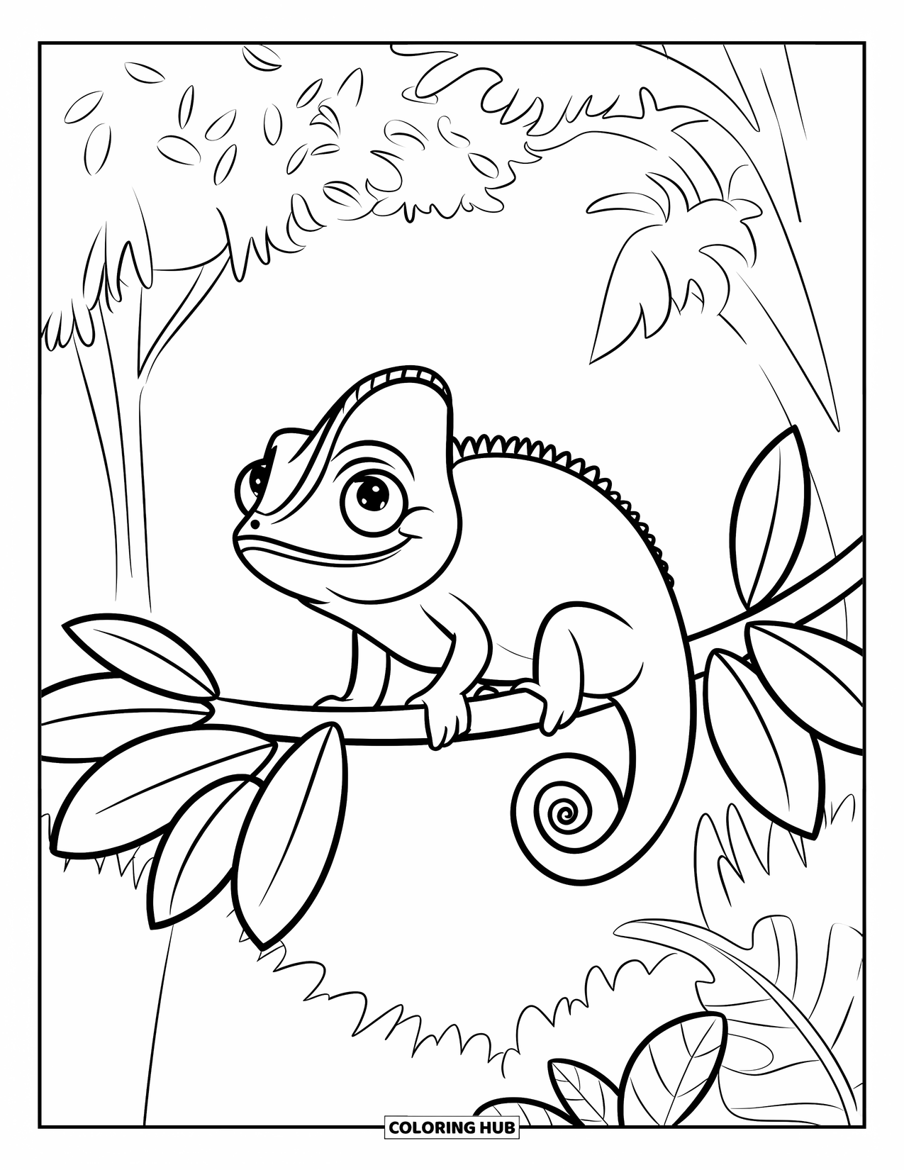 Chameleon Coloring Page for Kids: A cute chameleon with wide eyes sits on a leafy forest branch
