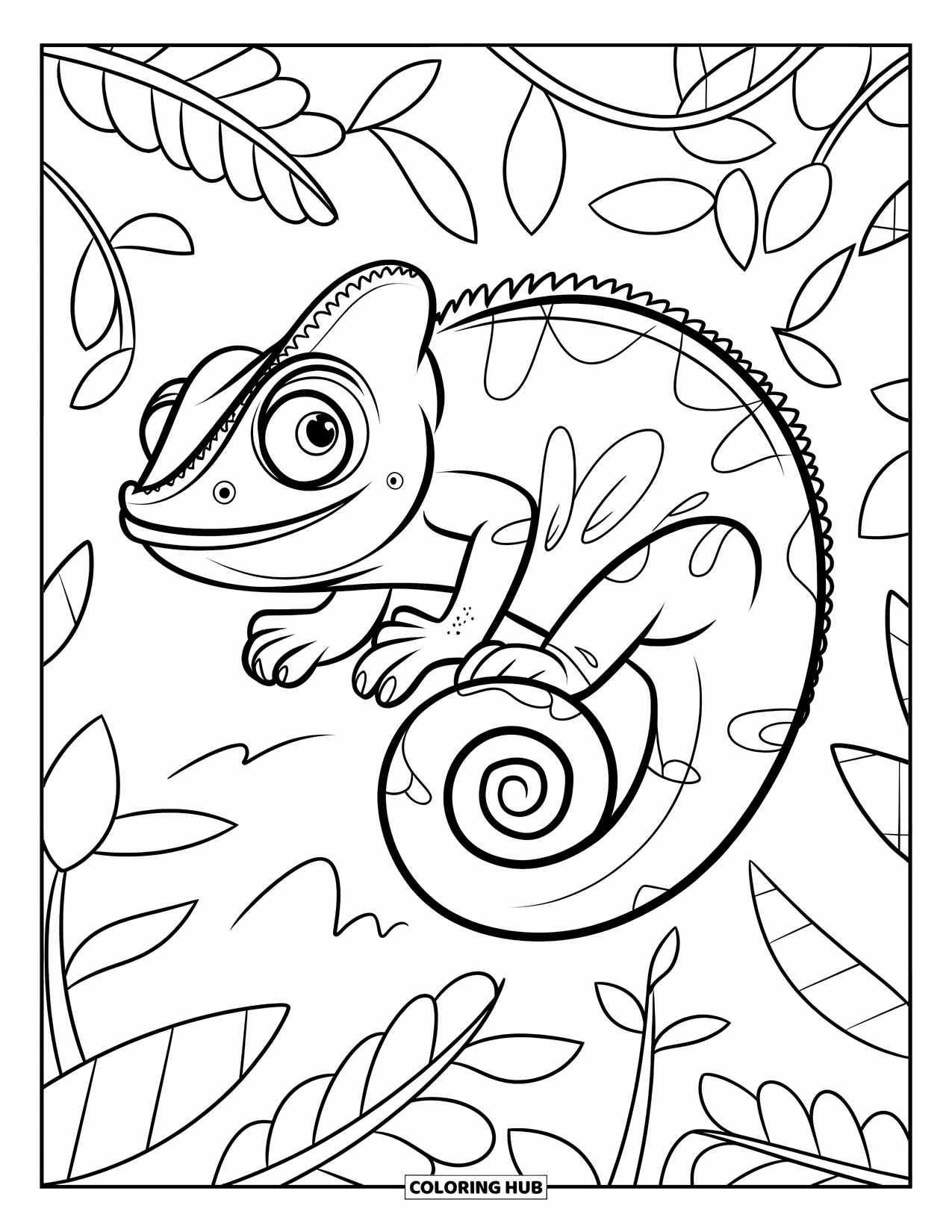 Chameleon Coloring Page for Kids: A focused chameleon curls on a branch with leafy vines around