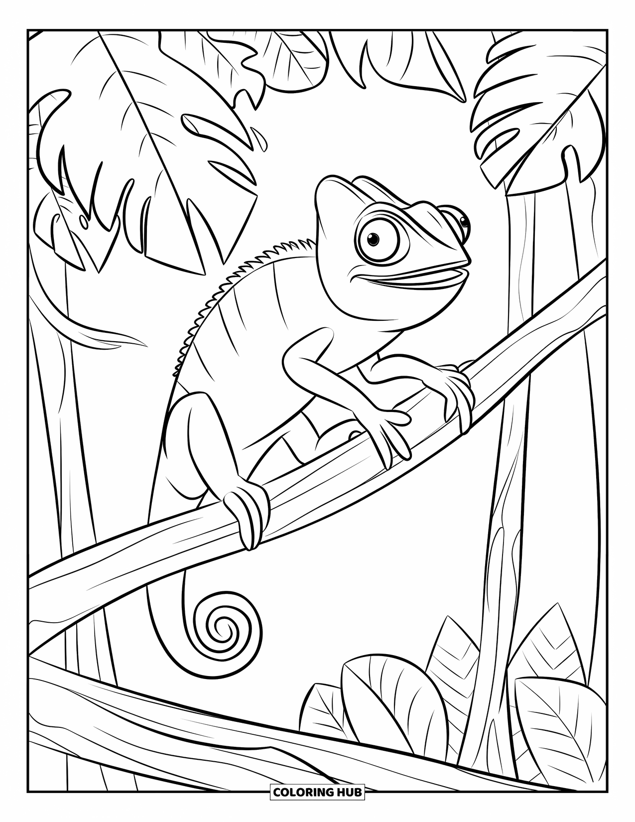 Chameleon Coloring Page for Kids: A mid-leap chameleon jumps between rainforest branches in a leafy scene