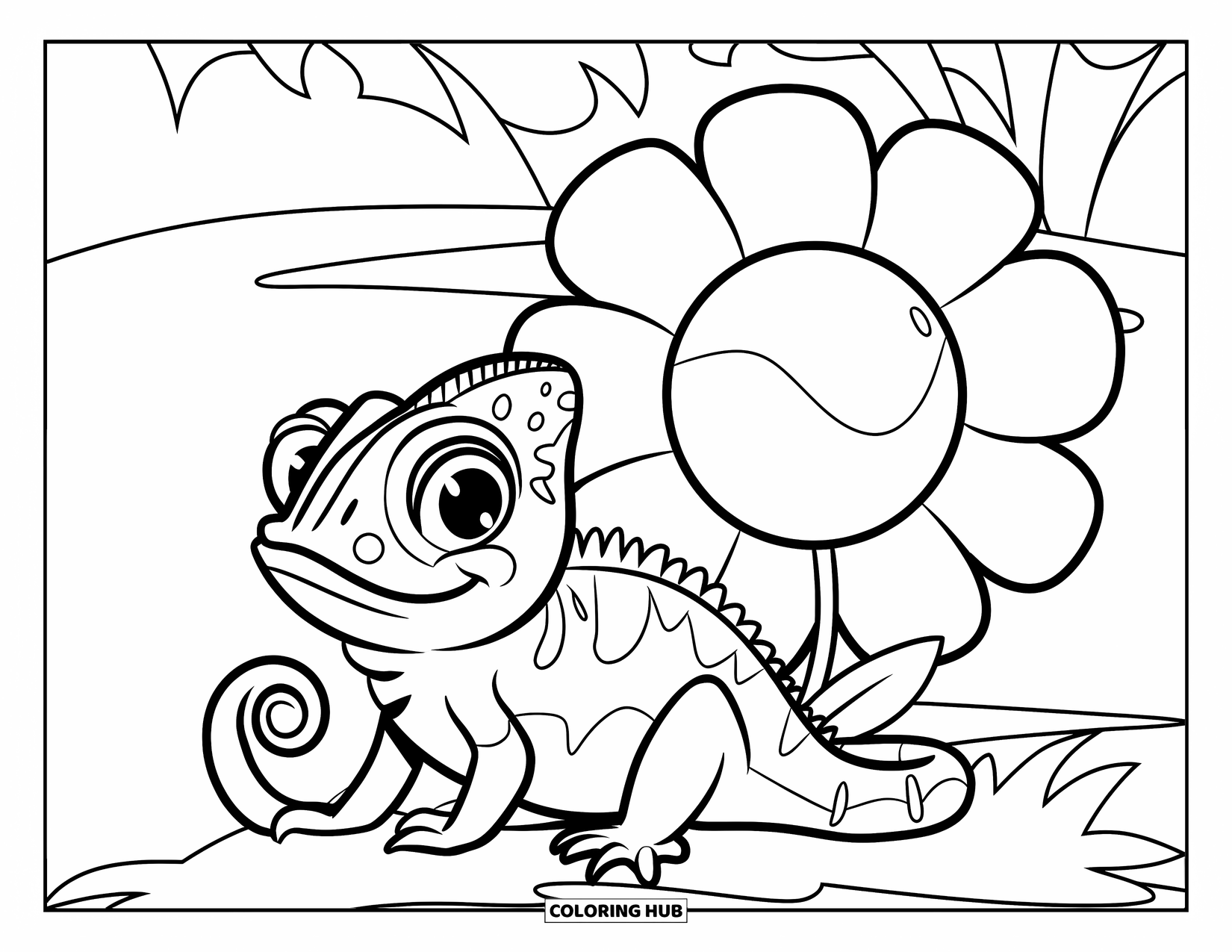 Chameleon Coloring Page for Kids: A playful chameleon matches a big flower in a cheerful field