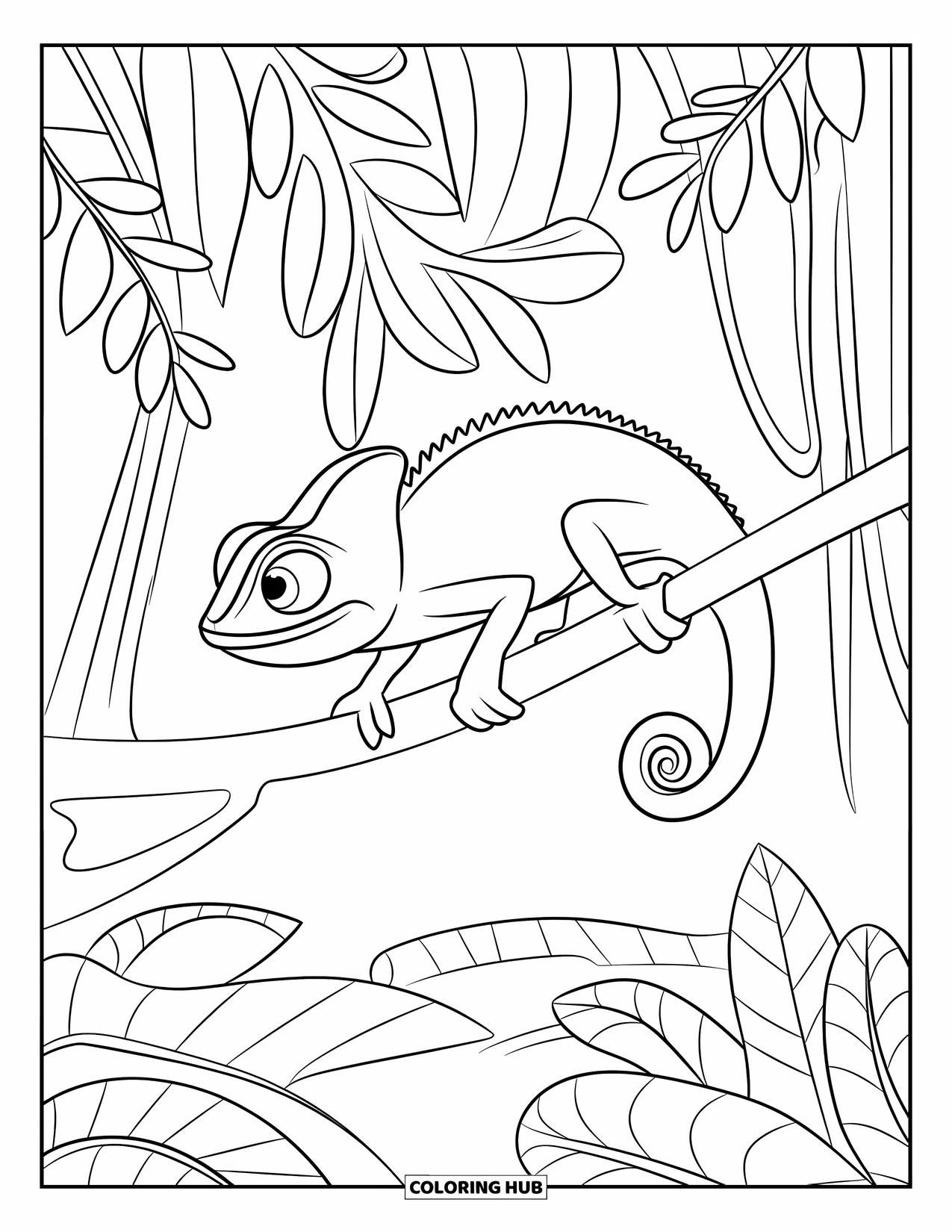Chameleon Coloring Page for Kids: A rainforest leap scene with a chameleon and bold leafy branches