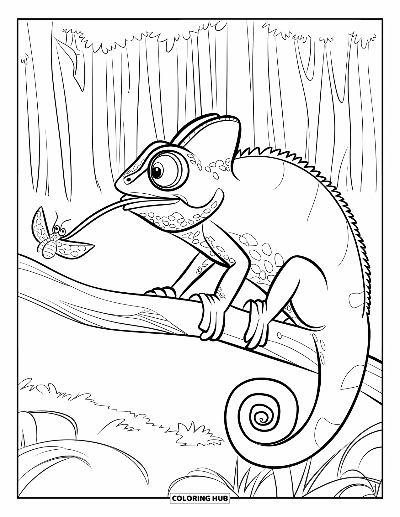 Chameleon Coloring Page for Kids: A side-view chameleon shoots its tongue at a moth from a leafy branch