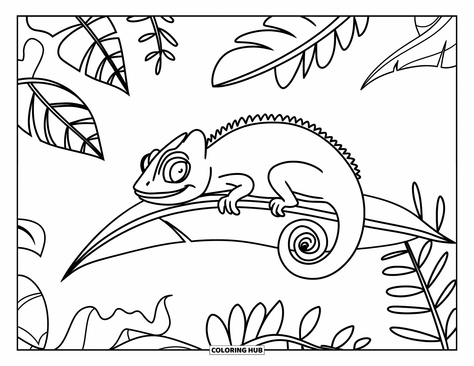 Chameleon Coloring Page for Kids: A sleepy chameleon naps beneath a leaf in a leafy jungle